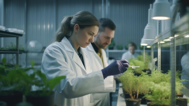 Biologi in un laboratorio con piante create con l'AI