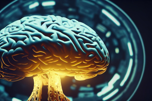 Biomechanical brain in the shape of a mushroom explosion on a futuristic background 3d rendering