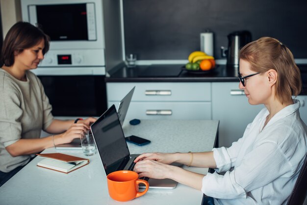 Bionda e bruna lavorano su laptop, seduti a un tavolo in cucina uno di fronte all'altro. Coworking in interni accoglienti.