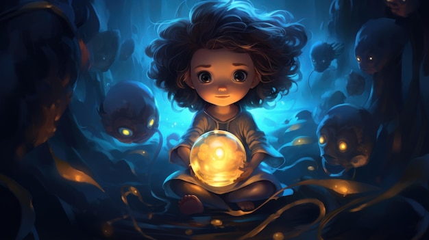 BIPOC Cariddi evoca incantesimi con scintille Chibi Artwork nello stile di Science Fantasy