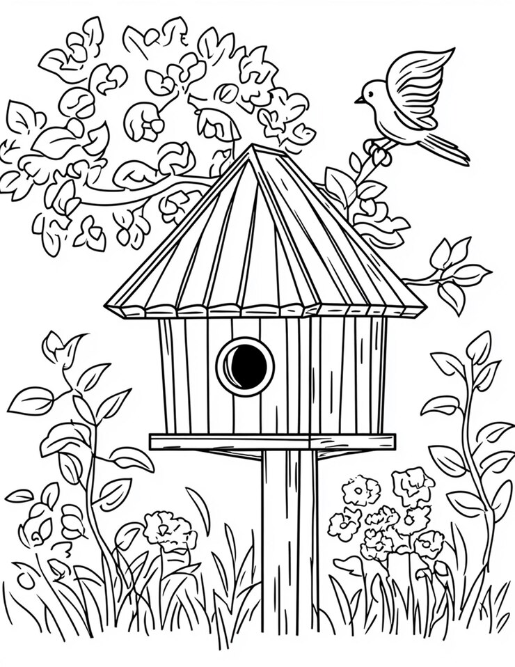Bird House Coloring Book Pages For Adults
