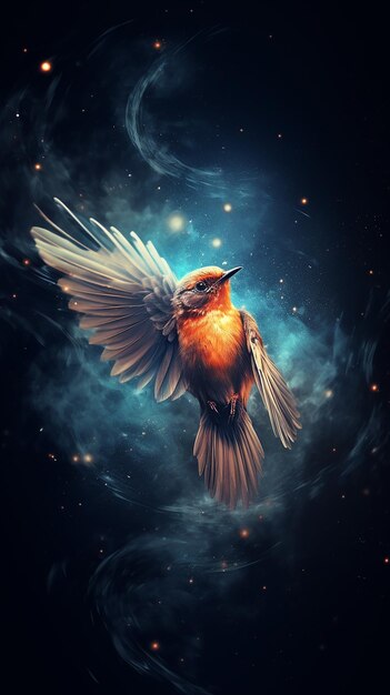 bird in space surrounded by particle dust likely created using generative AI techniques