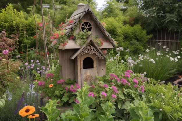 Birdhouse circondato da vegetazione lussureggiante e fiori creati con intelligenza artificiale generativa