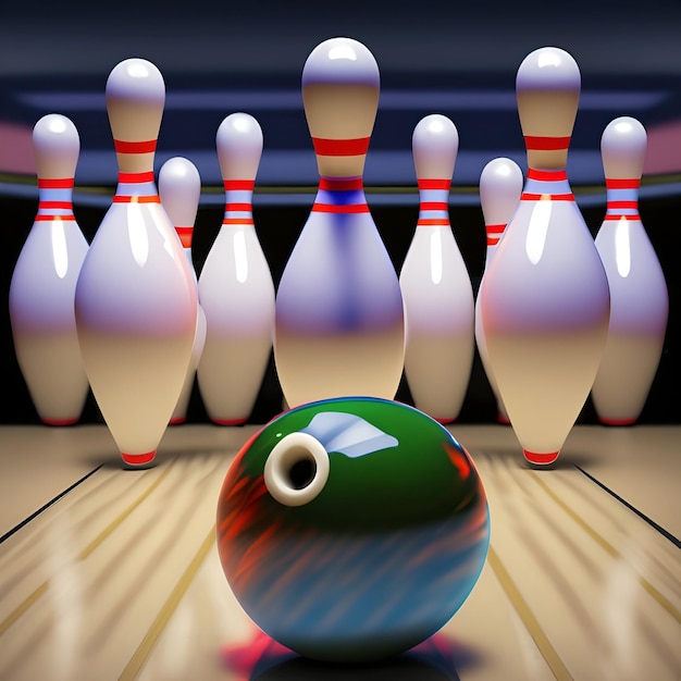 Birilli che colpiscono la palla del gioco di bowling