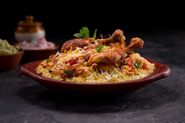 Biriyani di pollo con riso jeera disposto in una terracotta con raitha su sfondo grigio