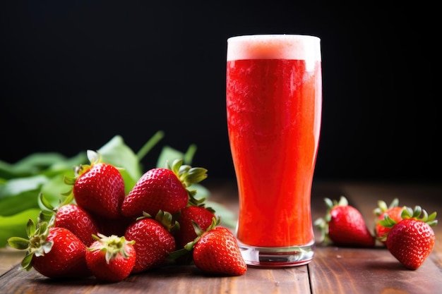 Birra alla fragola con fragole dentro e intorno al bicchiere