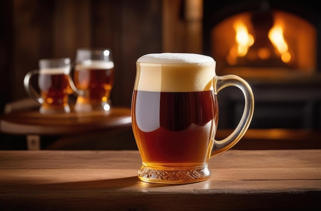 Birra ambra in tazza con testa schiumosa sul tavolo del bar camino di taverna accogliente sullo sfondo
