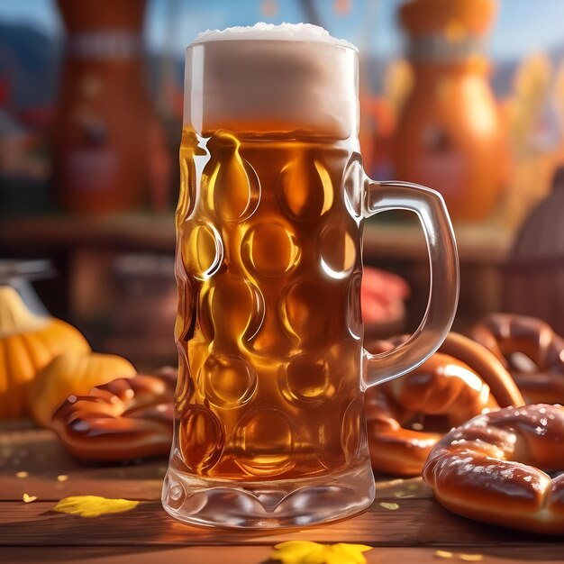 Birra da primo piano e pretzel salati sul tavolo di legno al giorno della birra dell'Oktoberfest AI generativo