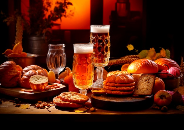 Birra dell'Oktoberfest con grano pretzel e luppolo su tavolo di legno ai generato