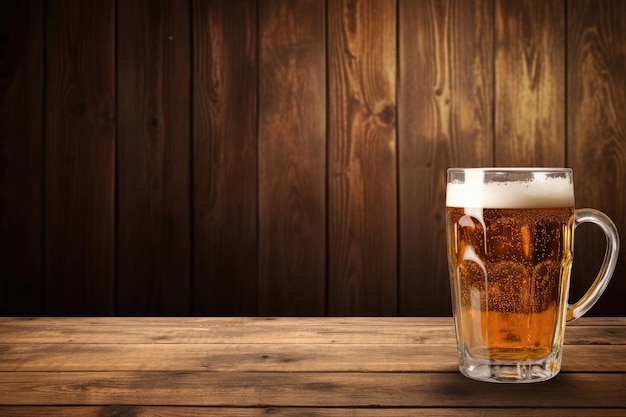 Birra di vetro su fondo di legno con lo spazio della copia