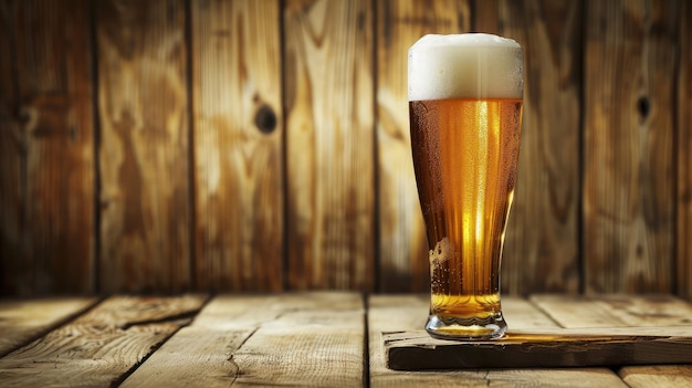 Birra di vetro su sfondo di legno con copyspace