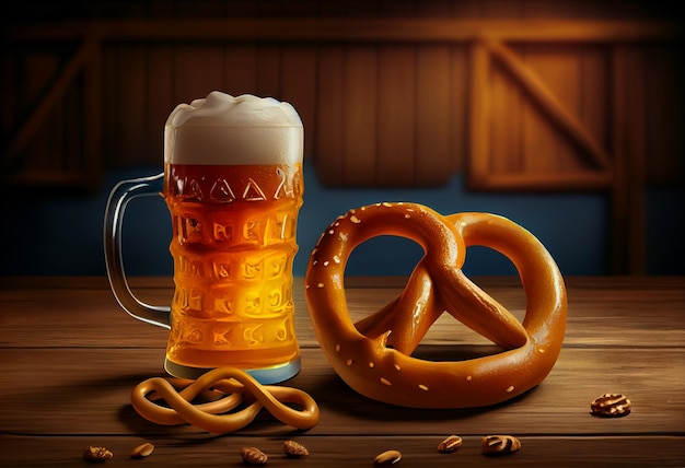 Birra e ciambellina salata su fondo di legno L'Oktoberfest genera Ai