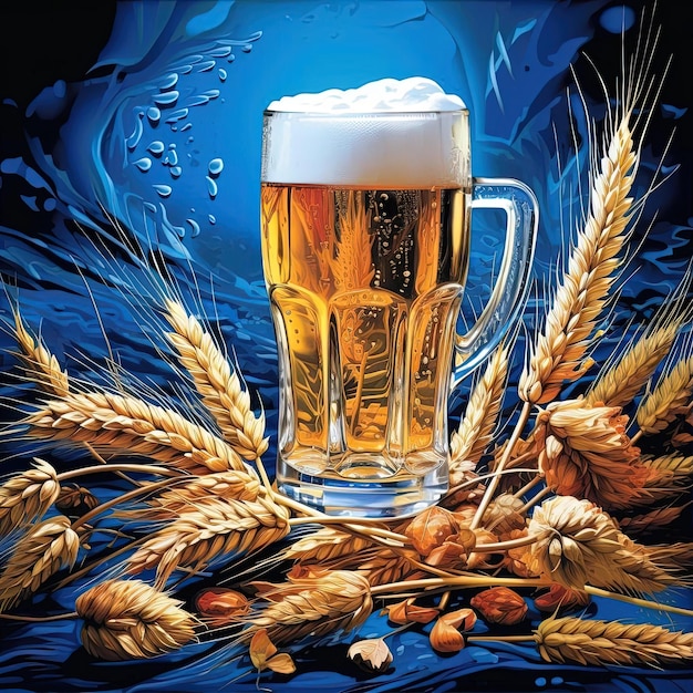 birra e grano su sfondo blu