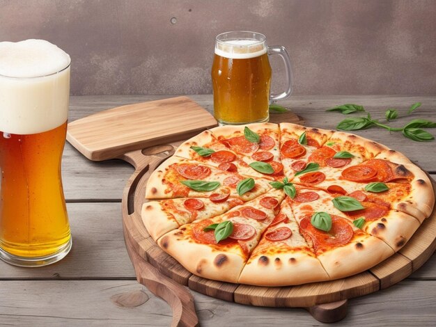 Birra e pizza fatta in casa su un tavolo di legno.