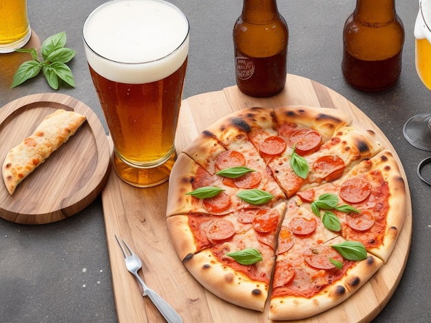 Birra e pizza fatta in casa su un tavolo di legno.