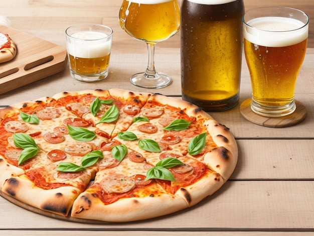 Birra e pizza fatta in casa su un tavolo di legno.