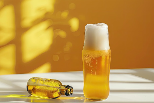 Birra fredda in bicchiere con bottiglia vuota di schiuma sul tavolo