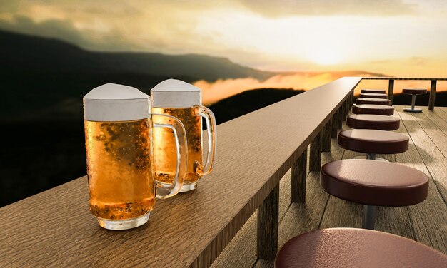 Birra fredda in una bolla di vetro trasparente e schiuma di birra messa su un lungo tavolo di legno sulla terrazza del ristorante sulla montagna lo sfondo sono montagne complesse e l'alba del mattino rendering 3D