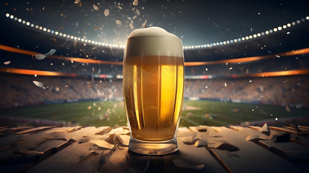 Birra fredda sullo sfondo dello stadio di calcio IA generativa