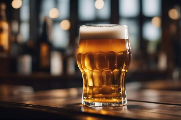 Birra fredda versata in bicchiere da una gru dietro lo sfondo di un pub
