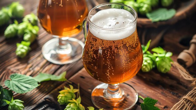 Birra fresca in un bicchiere con luppolo verde Un primo piano di un bicchière di birra fresca con una testa di schiuma bianca seduta su un tavolo di legno