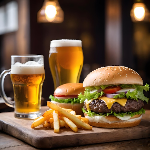 Birra hamburger e patatine fritte