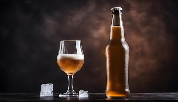 Birra leggera ghiacciata in un bicchiere e bottiglia con ghiaccio Sfondo scuro