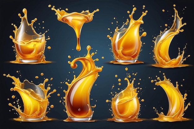 Birra o bevande gassate miele olio o succo spruzzi di liquido giallo realistico vortice