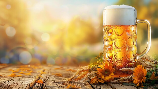 Birra rinfrescante in una tazza di vetro con fiori e grano su un tavolo di legno C'è uno sfondo sfocato con un'atmosfera calda e soleggiata