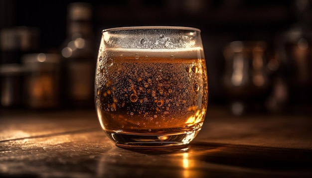 Birra schiumosa in bicchiere da pinta sul bancone del bar generato dall'intelligenza artificiale
