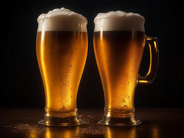 Birra schiumosa in una pinta d'oro due bicchieri in su effetti di illuminazione sullo sfondo nero scuro