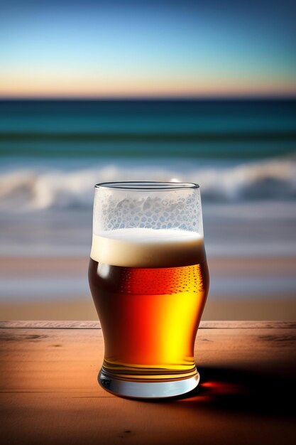 Birra su un tavolo di legno sullo sfondo sfocato della spiaggia