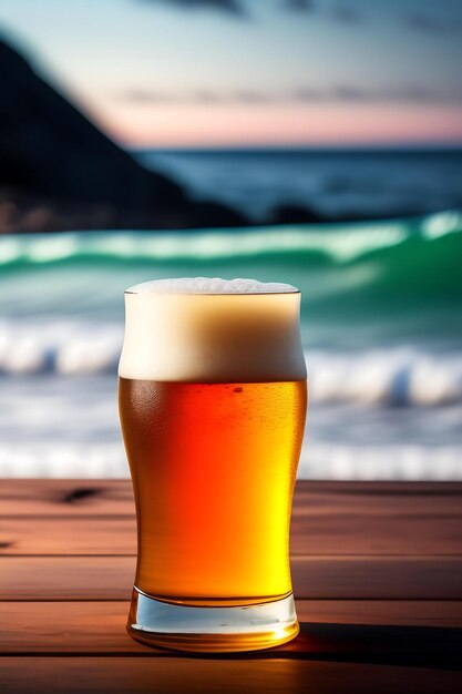 Birra sul tavolo di legno con sfondo sfocato della spiaggia