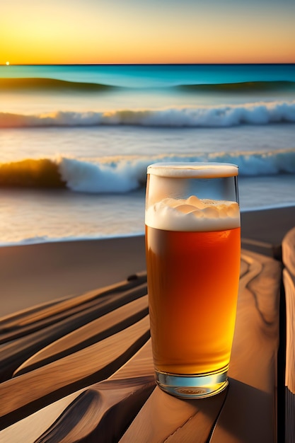 Birra sul tavolo di legno con sfondo sfocato della spiaggia