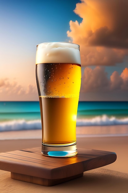 Birra sul tavolo di legno con sfondo sfocato della spiaggia
