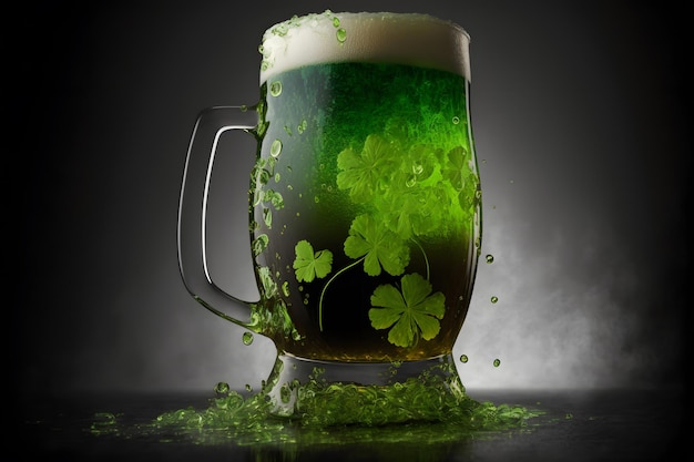 Birra verde irlandese Trifoglio di San Patrizio Una tazza di vetro di birra verde spumeggiante sul tavolo Festa religiosa culturale il 17 marzo