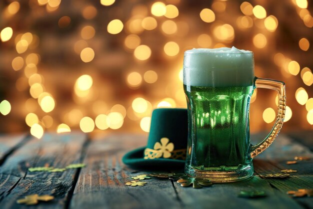 Birra verde Patrick Day su un tavolo verde ai generativa