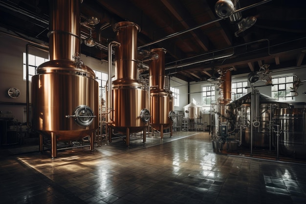 Birreria Moderna fabbrica di birra con bollitori di birra, tubi e serbatoi in acciaio inossidabile