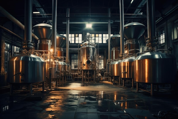 Birreria Moderna fabbrica di birra con bollitori di birra, tubi e serbatoi in acciaio inossidabile