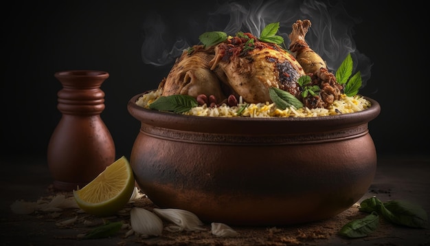 Biryani di pollo con riso jeera disposto in una ciotola AI generativa