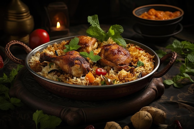 Biryani di pollo servito in una ciotola di bronzo