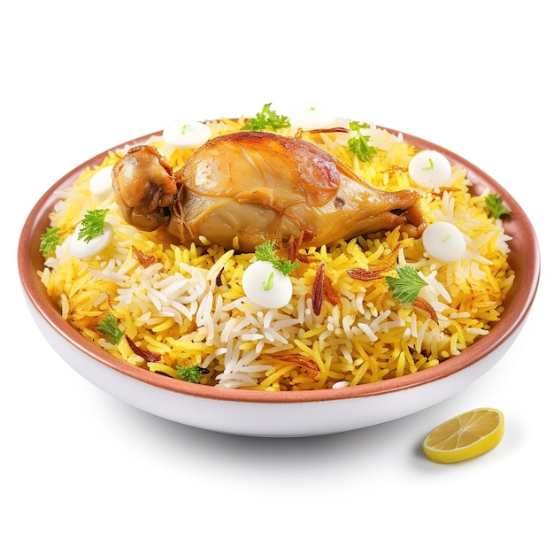 Biryani di pollo sul piatto isolato su sfondo bianco Deliziosi biryani piccanti isolati