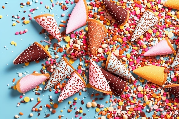 Biscotti a cono e piccole caramelle su sfondo blu