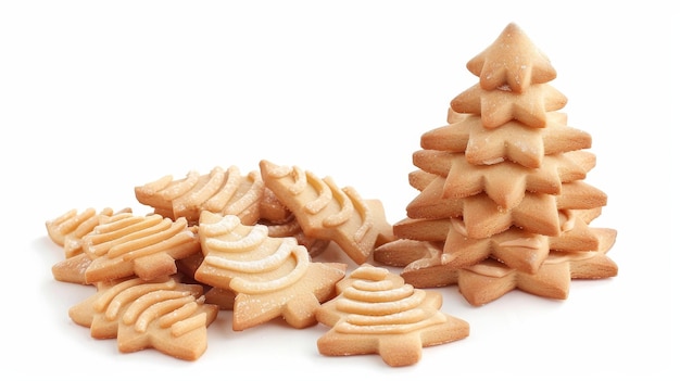 Biscotti a forma di albero di Natale isolati su uno sfondo bianco Due diversi accorciamenti sono mostrati