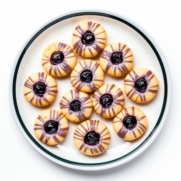 Biscotti a impronta digitale di mirtillo su un piatto con sfondo bianco isolato