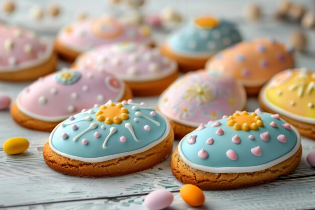 Biscotti a uova di Pasqua con uova di colore di biscotti di ghiaccio reale per lo spazio di copia del design di Pasqua