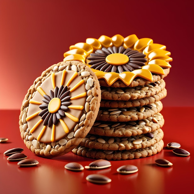 biscotti al cioccolato con decorazione di girasole su sfondo rosso