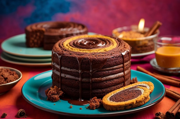 Biscotti al cioccolato e bastoncini di cannella su un piatto colorato