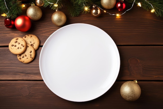Biscotti al cioccolato e mockup di piatto bianco vuoto sfondo natalizio illustrazione generativa di IA