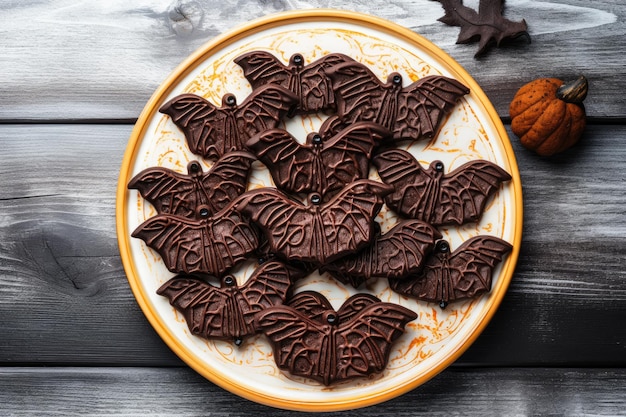 Biscotti al cioccolato pipistrello Halloween su uno sfondo di legno bianco da una vista dall'alto con decorazioni